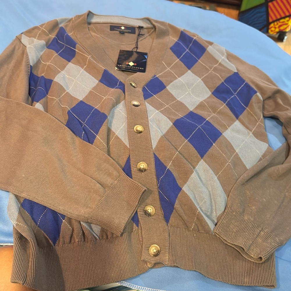 NWT ARGYLECULTURE Sz L Argyle Sweater Taupe and Blue V Neck Sz Large Z51
